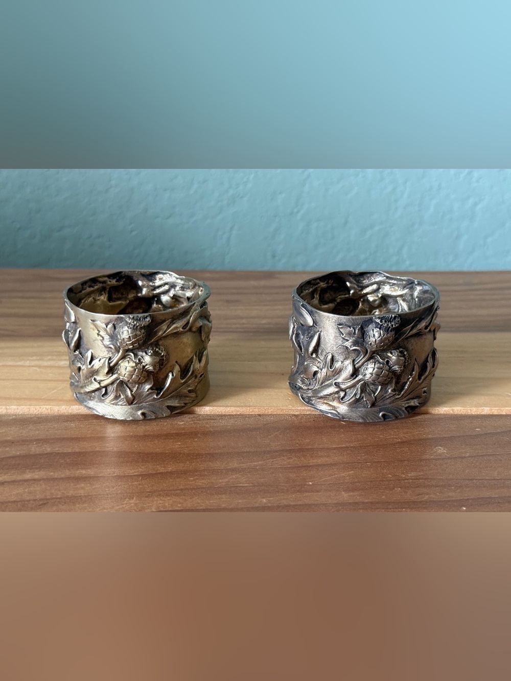 Pair Antique German 800 Silver Napkin Rings Art Nouveau Thistle Monogrammed